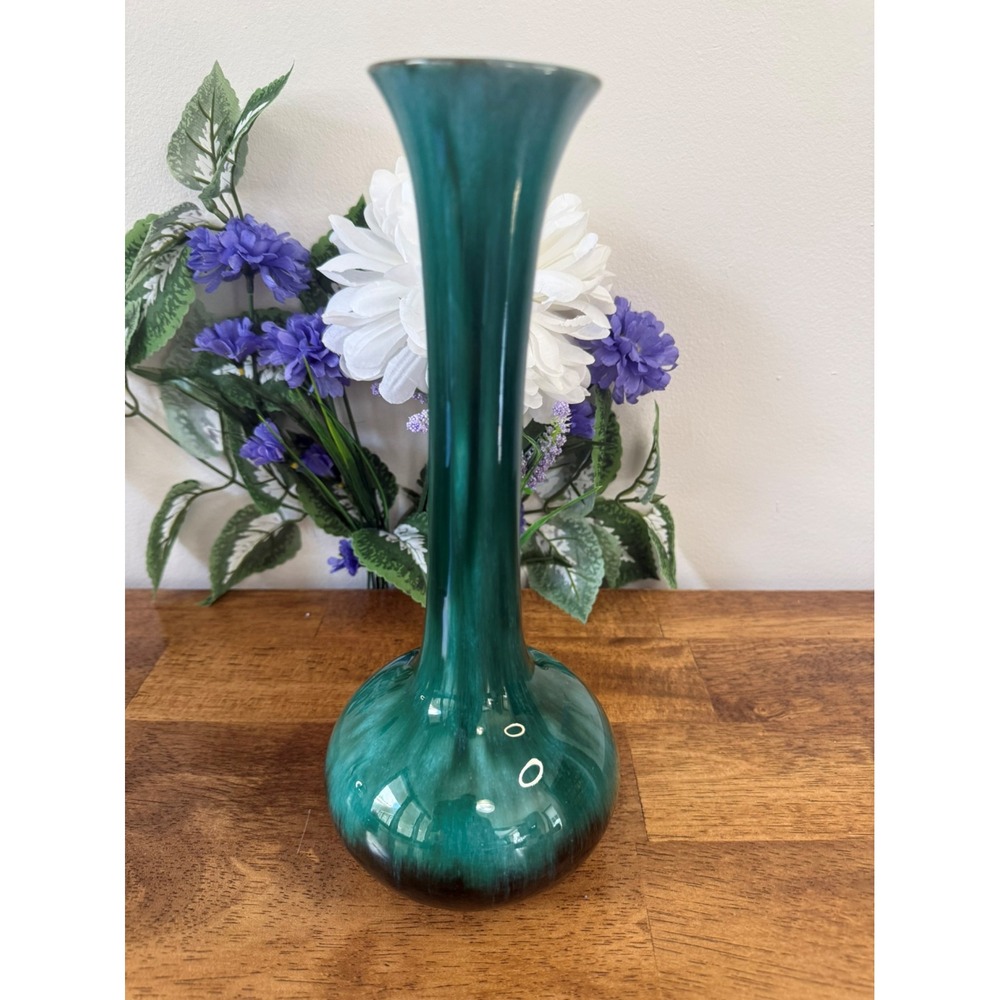 lue Mountain Pottery Tall Green Drip Glaze Vase‎ Vintage Canadi Long Neck Retro